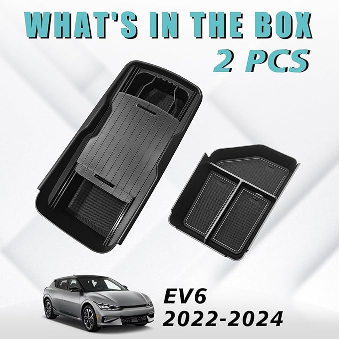 BestEvMod Armrest Organizer&Lower Center Console Compatible with 2025 2022-2024 Kia EV6 Accessories Slide Cover Organizer Adjustable Cup Holder 2PCS with PVC Trim (Console+Slide Cover Lower)