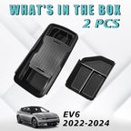 BestEvMod Armrest Organizer&Lower Center Console Compatible with 2025 2022-2024 Kia EV6 Accessories Slide Cover Organizer Adjustable Cup Holder 2PCS with PVC Trim (Console+Slide Cover Lower)