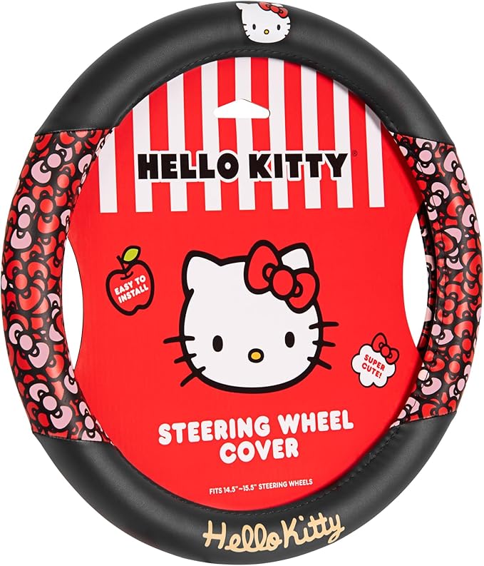 Hello Kitty Steering Wheel Cover, Official Sanrio Car Steering Wheel Cover with Universal Size 14.5-15.5, Cute Black for Women, Hello Kitty Car Accessories (Hello Kitty Bows)