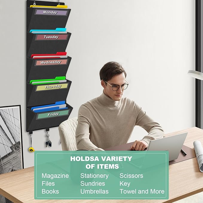Weekly Over the Door File Organizer, Hanging File Folders Wall Organizer with 5 Large Pockets for Papers, Charts, Mails, Maga