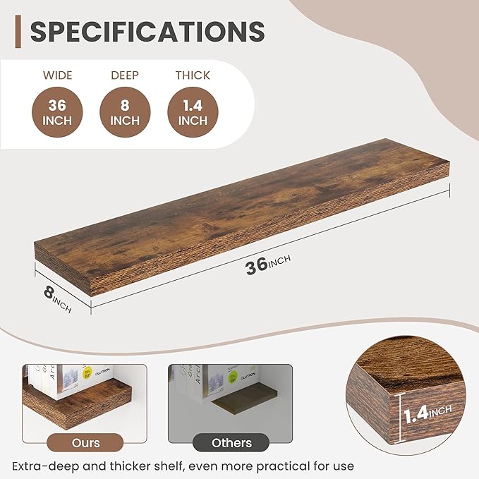 36 Inch Floating Shelves, 8 Inch Deep Floating Shelves for Wall, Hanging Shelf with Invisible Brackets, Deep Shelves for Bath