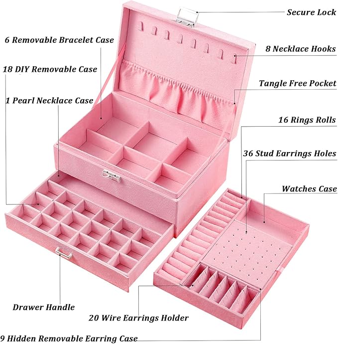 QBestry 3-Layer Jewelry Box for Girls & Teens with Lock and Key, Large Jewelry Organizer with 8 Necklace Hooks & 56 Earring H