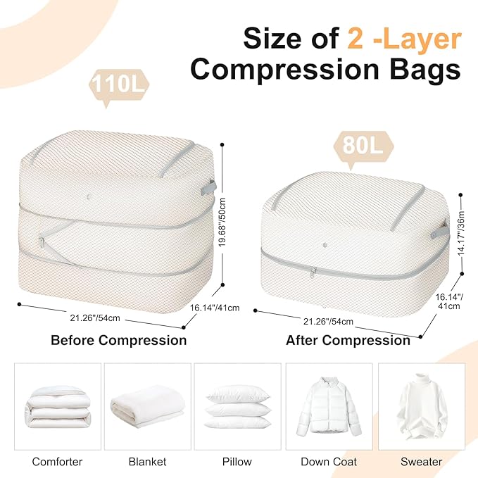 Comforter Storage Bag - 110L Large Capacity Blanket Storage Bags 2-Layer Ultra Space Saving Self Compression Organizer, Washa