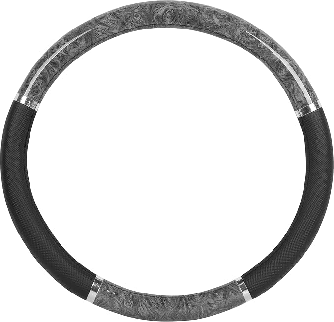 BDK Chrome Wood Grain Black & Gray Steering Wheel Cover for Cars, Trucks, Van, SUVs - Elegant and Comfortable Grip Accessorie