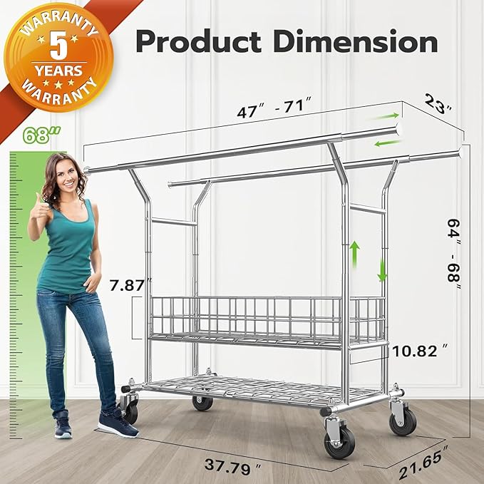 HOKEEPER Heavy Duty Clothes Rack Load 635 LBS, Clothing Rack for Hanging Clothes Adjustable Rolling Garment Rack with Wheels 