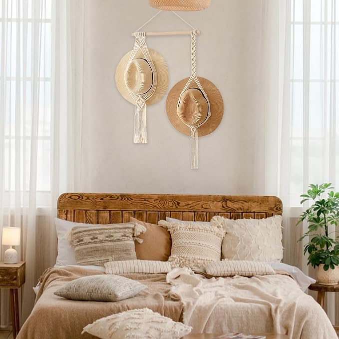 Tissting Macrame Hat Hangers Boho Hat Rack for Wall Hat Holder Display Organizer Bobo Hanging Hat Organizer Storage for Wide 