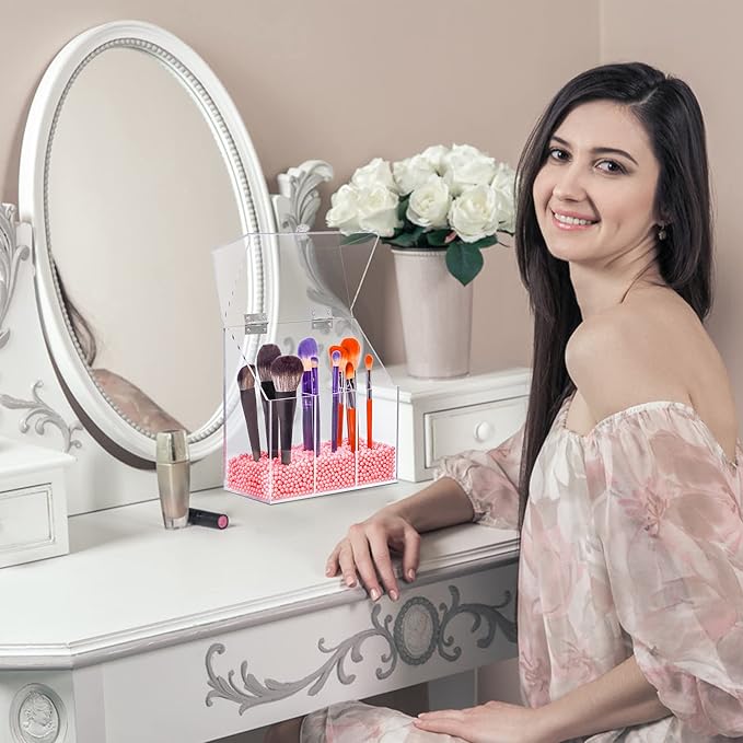 Acrylic Makeup Brush Holder with Lid - Clear Cosmetic Makeup Brush Organizer and Storage Box with Cover for Vanity - Large Ca