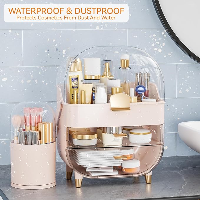 Yieach Countertop Makeup Organizer for Vanity,Large Capacity Skincare Organizers With Drawers and Makeup Brush Holder,Cosmeti