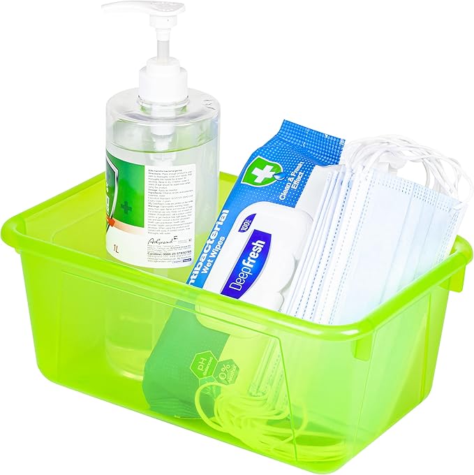 Storex Small Cubby Bins – Plastic Storage Containers for Classroom with Non-Snap Lid, 12.2 x 7.8 x 5.1 inches, Tint Green, 5-