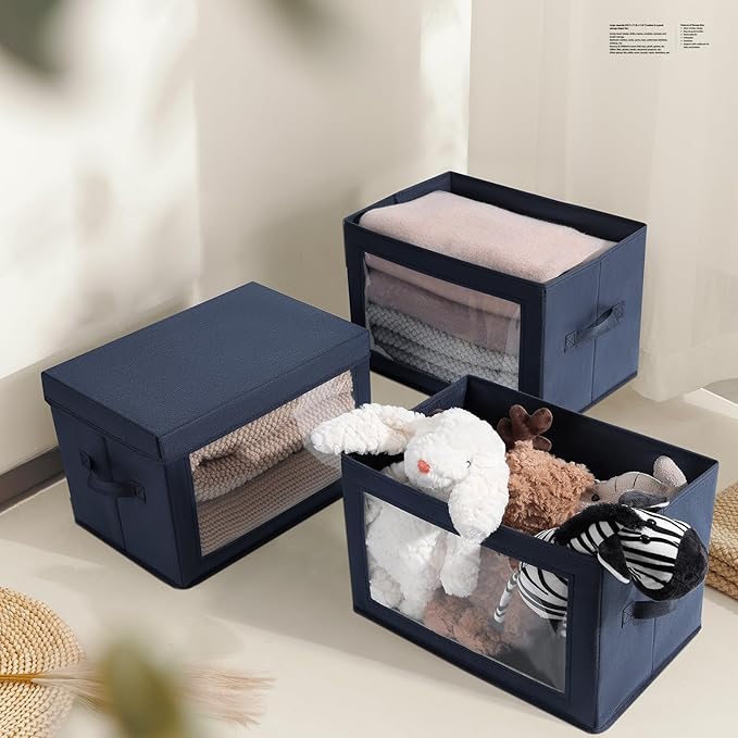 Homsorout Foldable Storage Boxes with Lids - Decorative Storage Boxes with Clear Window, Fabric Storage Baskets for Organizin