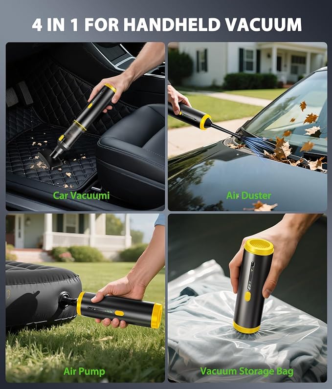 Car Vacuum Portable Cordless Handheld Vacuum Cleaner 4-in-1 Mini Cordless Vacuum with 2 Suction Modes and 16800pa Suction Pow