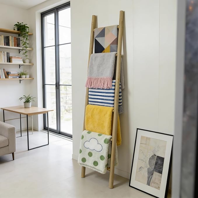 Wooden Blanket Ladder - 76in Natural & Motley Wood - Leaning Wall Decor for Bedroom, Bathroom, Living Room - Rustic Quilt Hol