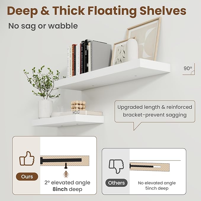 24 Inch Floating Shelves for Wall, 8 Inch Deep Floating Shelf for Storage & Display, Rustic Wall Mounted Shelf with Invisible