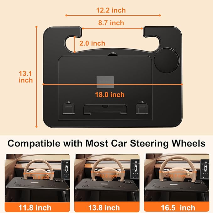 3 in1 Car Steering Wheel Tray Table for Laptop, Height Adjustable Car Table Tray for Driver, Car Food Tray with Drinks Holder,Multipurpose Travel Car Accessories for Long Road Trips-Black