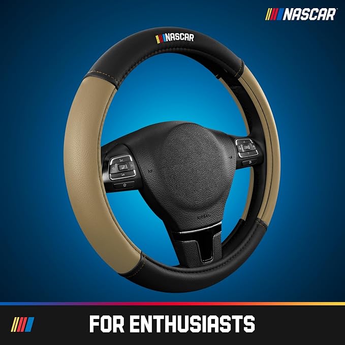 NASCAR Steering Wheel Cover, Two-Tone Beige Leather Patchwork, Universal Fit 14.5"-15.5" Steering Covers for Cars, Anti-Slip,