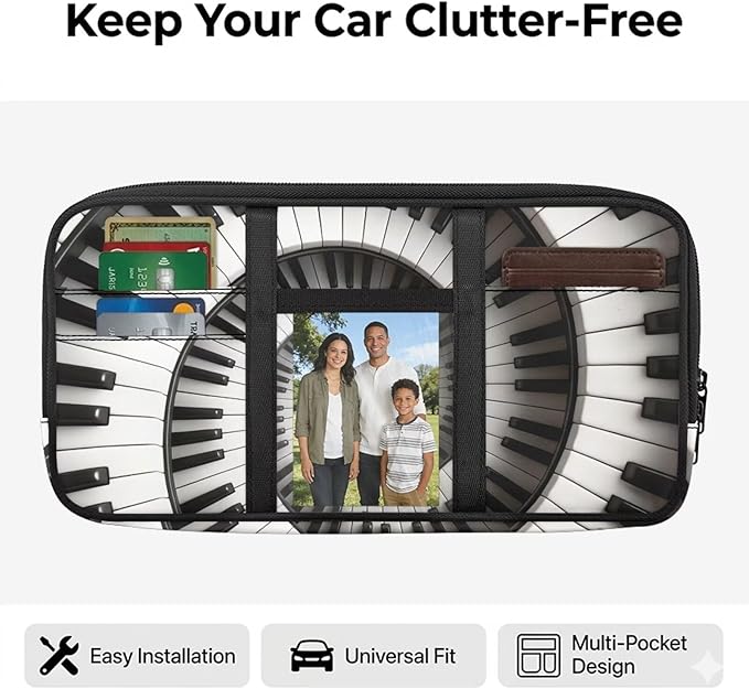 Piano Keyboard Car Sun Visor Storage Bag, Car Accessories with Zipper Visor Storage Pouch Tactical Panel Adjustable Straps for SUV Truck