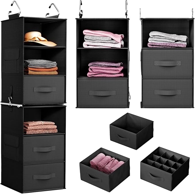 Pipishell 6-Shelf Hanging Closet Organizer with 2 Separable 3-Tier Shelves, 3 Drawers & Side Pockets Closet Organizers and St