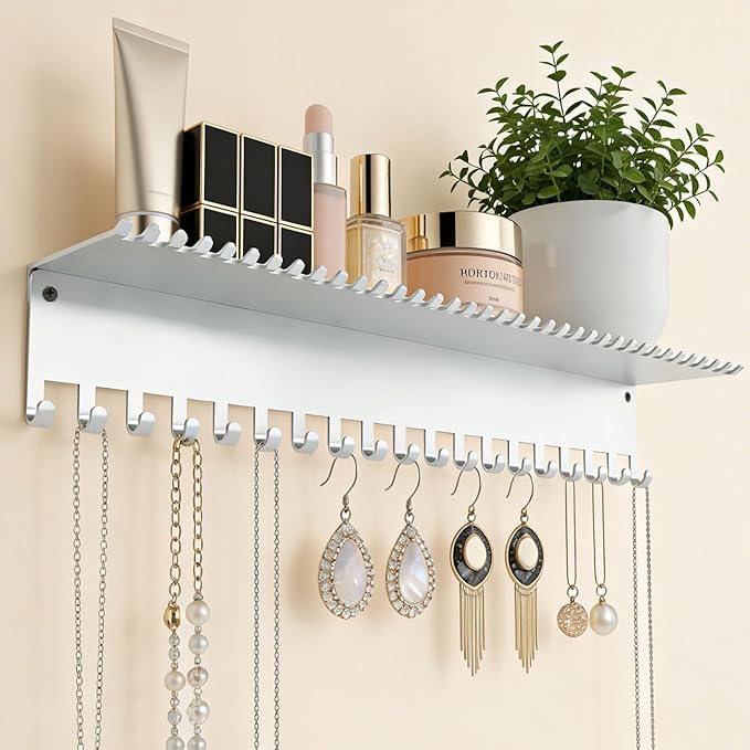 Necklace Jewelry Holder Wall Hanging Organizer Hangers Storage Mounted Shelf with 56 Hooks Tray Display Girls Women Metal Doo