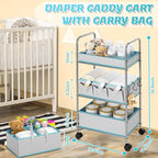 FoldTier 2in1 Colorful Baby Diaper Caddy Organizer Cart 3 Tier Large Capacity Metal Utility Bedside Rolling Cart with Divider