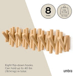 Umbra Picket Coat Rack with 8 Hooks – Natural Wall-Mounted Coat Rack with Flip-Down Wooden Hooks, Real Pine Wood Decorative W