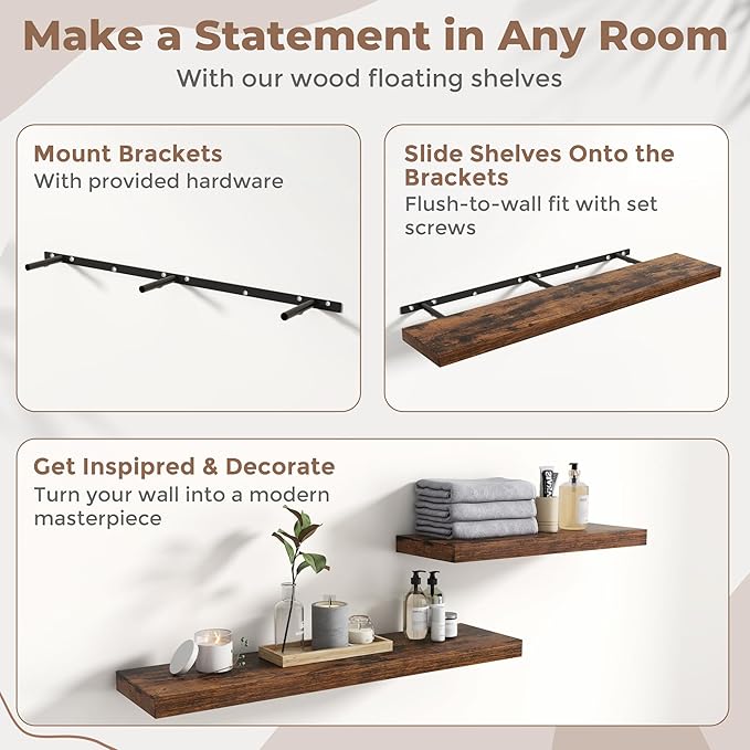 48 Inch Floating Shelves for Wall Set of 2, 8"D Wood Grain Bathroom Shelves with Invisible Brackets, Easy Install Engineered 