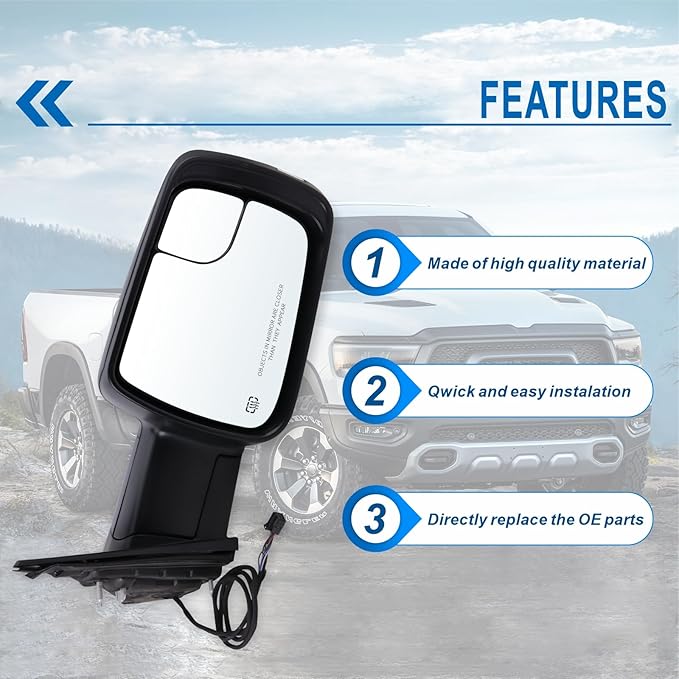 Right Passenger Side Mirror Compatible With 2019-2026 Ram 1500 With Manual Folding Power Glass Heated Turn Signal Puddle Light Matte Black Replace#5ZK42KARAH (8Pins)