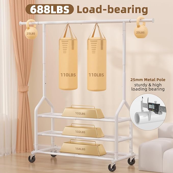 EAGMAK Heavy Duty Clothes Rack Load 688 LBS, Rolling Clothing Rack With 3 Shelves, Adjustable Metal Clothes Hanger with Wheel