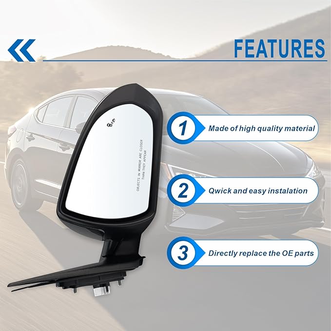 Right Passenger Side Mirror Compatible With 2017 2018 2019 2020 Hyundai Elantra With Power Glass Heated Blind Spot Black Replace#87620F3020(7Pins）