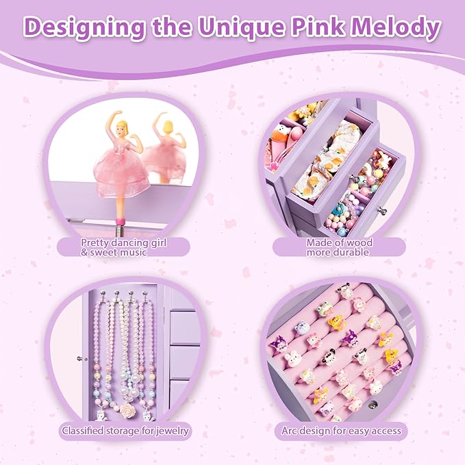 Emfogo Musical Jewelry Box for Girls, Large Kid Music Box with Ballerina for Birthday Bedroom Decor, 5 Layer Girl Jewelry Gif