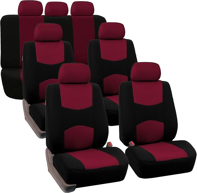 FH Group Flat Cloth Full Set Car Seat Covers Three Row 7 Seater - Universal Fit for Cars, Trucks & SUVs Burgundy