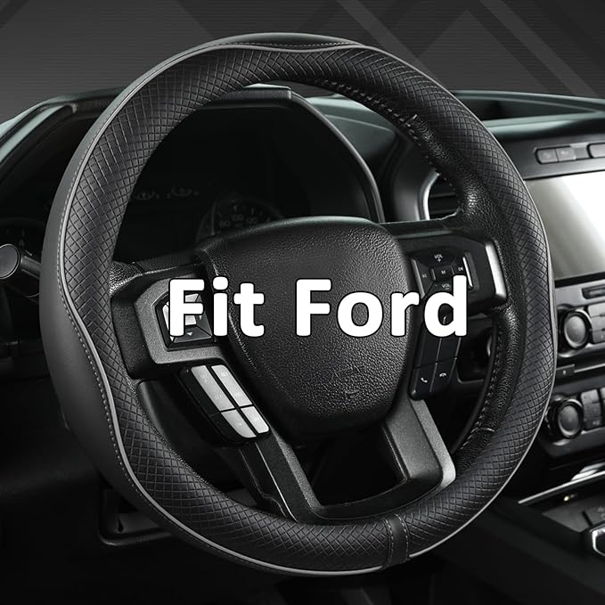 West Llama Microfiber Leather Car Steering Wheel Cover for Ford F-150, F-250, F-350, Expedition (Black+Gray Line-Large Size)
