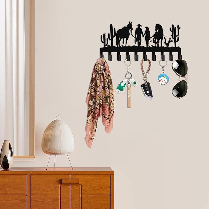 Western Key Holder with 10 Hooks, Cowboy Couple Wall Decor with Two Horses, Rustic Cowboy Hat Rack for Wall, Western Style Co