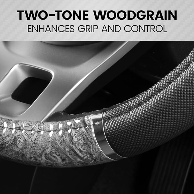 BDK Chrome Wood Grain Black & Gray Steering Wheel Cover for Cars, Trucks, Van, SUVs - Elegant and Comfortable Grip Accessorie