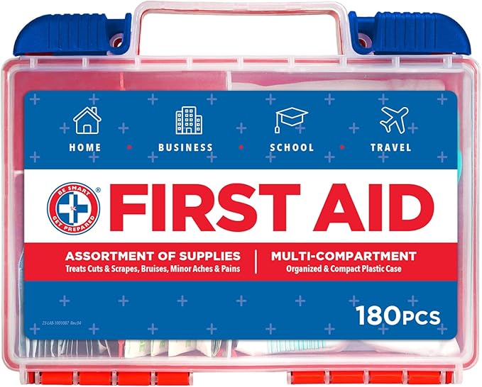 Be Smart Get Prepared 180 Piece First Aid Kit: Clean, Treat, Protect Minor Cuts, Scrapes. Home, Office, Car, School, Business