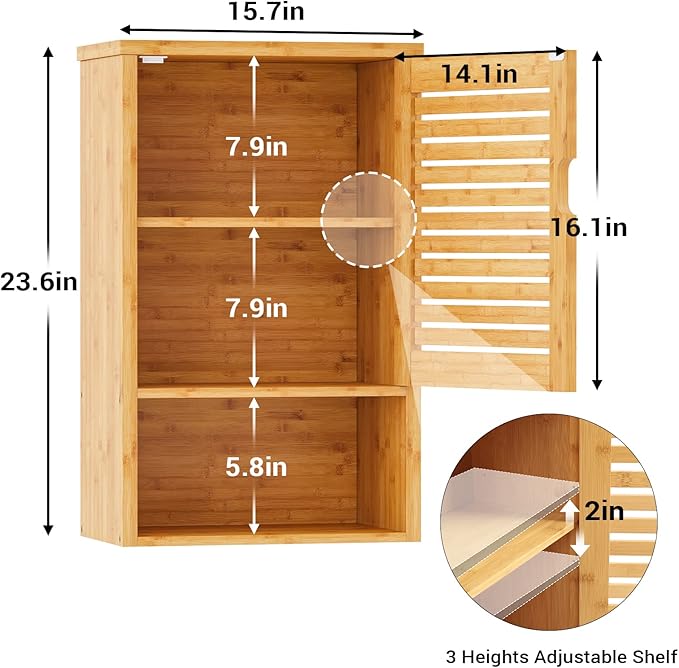 VIAGDO Bathroom Wall Cabinet, Wooden Medicine Cabinet with Single Door and Adjustable Inner Shelf, Bamboo Storage Cabinet Wal
