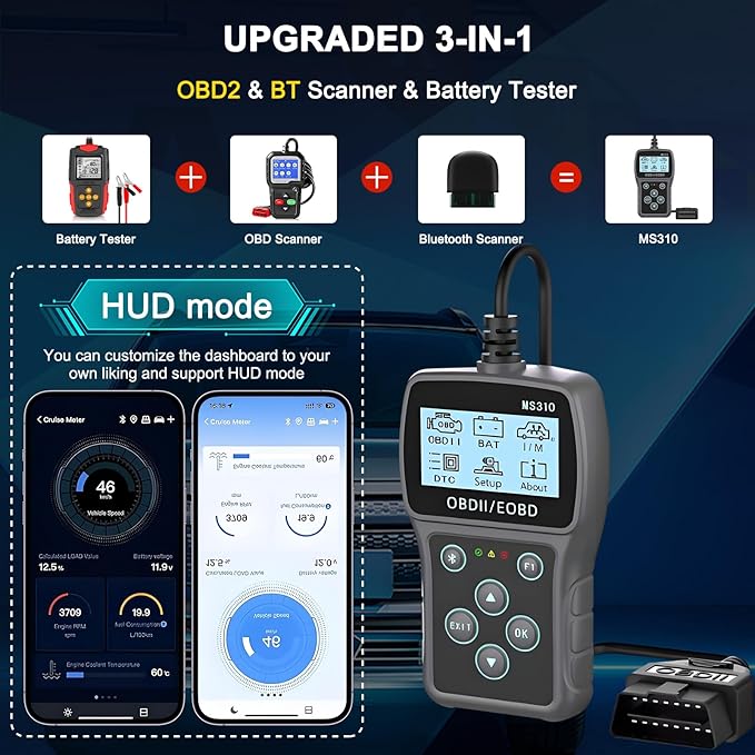 Bluetooth OBD2 Scanner Diagnostic Tool with Battery Tester: Check Engine Code Reader - Plug & Play with Live Data and Trip