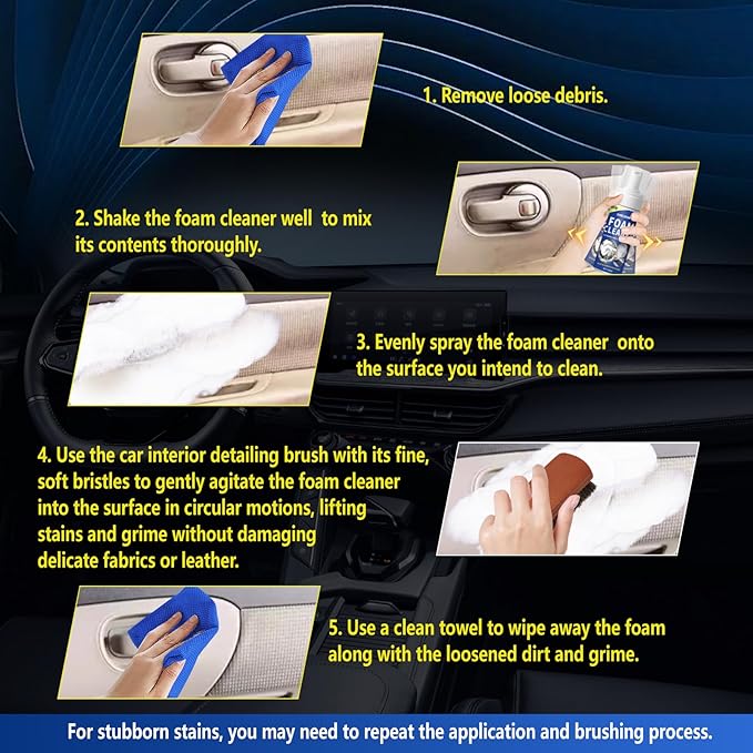 Car Interior Cleaner Kit Multifunctional Foam Cleaner, Clean Cars Seat Carpet Upholstery with Detailing Brush & Towel Deep In