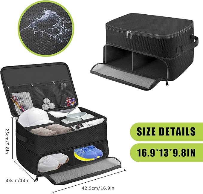 Golf Trunk Organizer, 2 Layer Golf Storage Bag, Waterproof Car Golfer Organizers with Ventilation Compartment for 2 Pairs