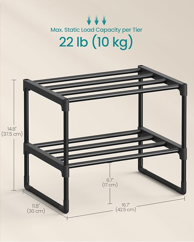 SONGMICS Shoe Rack, 2-Tier Shoe Organizer, Metal Storage Shelf, Upright or Upside Down, for 3-6 Pairs, Stackable, for Entrywa