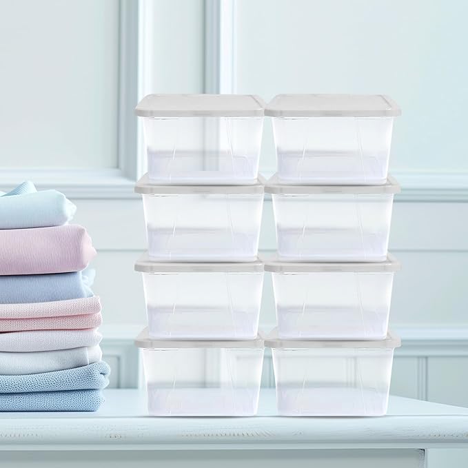 HOMZ 10-Pack Snaplock, Small Clear Plastic Storage Organizer Bins w/ Lids, 6 Quart, White - Stackable Container Boxes for Bed