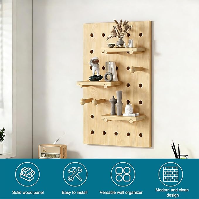 HJZALMI Pegboard Wall Organizer, Wood Pegboard Combination Kit with Shelves & Hooks, Modular Peg Board Panels Storage System 