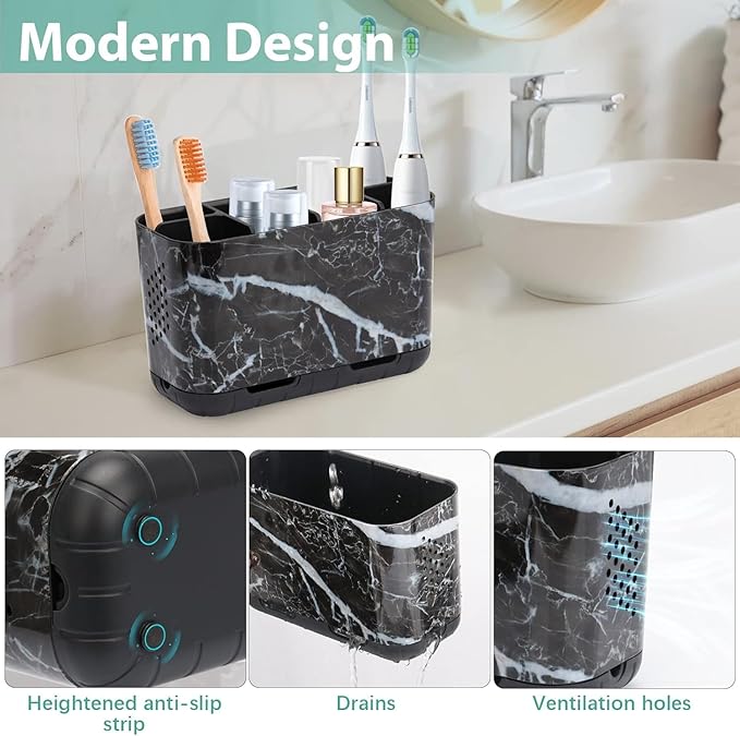 Boperzi Black Toothbrush Holder for Bathroom Toothpaste Organizer Countertop, Detachable Anti-Slip Marble Toothpaste Storage 