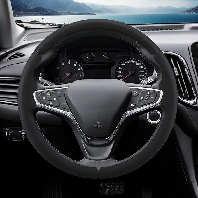 Steering Wheel Cover for Chevy Malibu 2016-2024/ Equinox 2018-2024/ Bolt EV 2017-2021/ Volt 2016-2019, Car Steering Wheel Cover Accessories for Chevrolet (Black Leather)