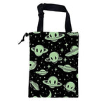 Car Trash Bag Abstract Green Aliens and UFO Leak-Proof Car Garbage Bag with Drawstring Foldable Canvas Trash Bin with Adjustable Buckle for Car Accessories
