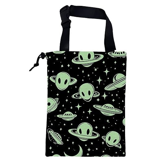 Car Trash Bag Abstract Green Aliens and UFO Leak-Proof Car Garbage Bag with Drawstring Foldable Canvas Trash Bin with Adjustable Buckle for Car Accessories