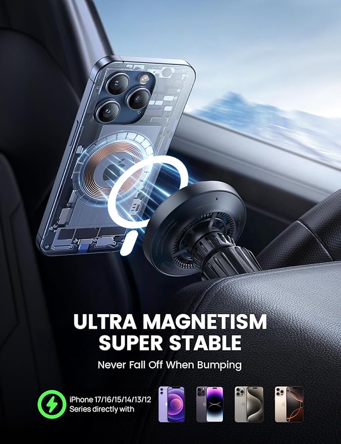 Lamicall 15W for QI2 Magsafe Car Mount Charger - 【RGB LED】360° Wireless Car Phone Holder Vent Dashboard, HandsFree Magnetic Phone Holder for Car Charging for iPhone 17 Air Pro Max Plus 16 15 14 13 12
