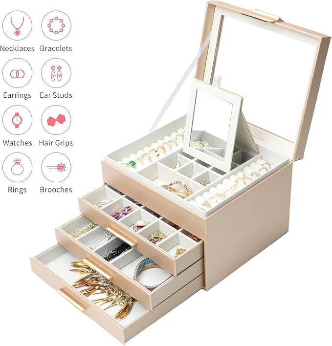BOOVO Clear Lid Jewelry Box,4 Layers Jewelry Organizer Large Jewelry Storage Box with 3 Drawers,Jewelry Holder Organzier of R