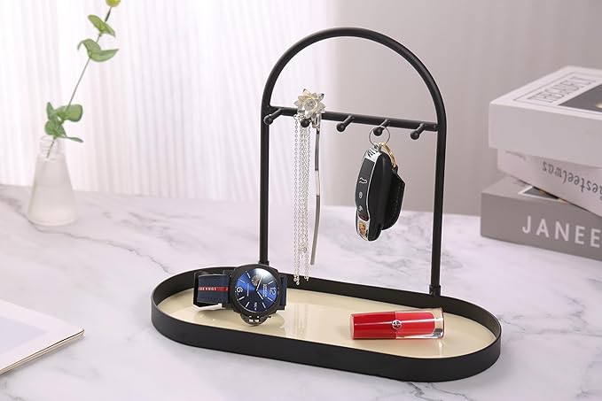 Shinpuru Metal Jewelry Organizer Stand & Key Holder Tray with Acrylic Base, Key Stand and Jewelry Tray with 5 Hooks, Perfect 