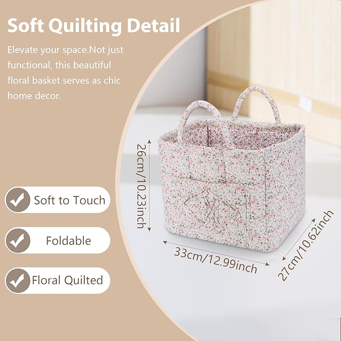 Storage Basket Boho Fabric Large Collapsible Floral Laundry Nursery Hamper Portable Folding Storage for Clothes Toys (Green F