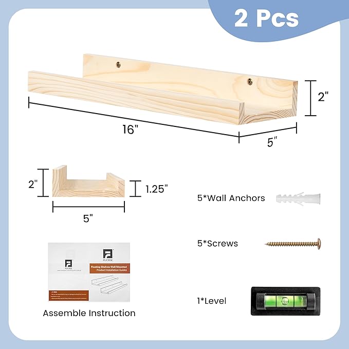 Picture Ledge Shelf for Wall, 16 inch Solid Pine Wood Nursery Book Shelves 2 Packs, Floating Ledge Shelves for Kids' Room Bed